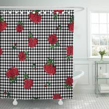 Green Floral Rose Pattern on Gingham Red Abstract Arrangement Shower Curtain Polyester Fabric 72 x 78 inches Set with Hooks 2024 - buy cheap