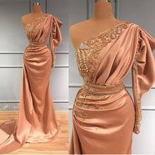 Elegant One Shoulder Evening Gowns Satin Appliques Beads Ruffles Long Sleeve Mermaid Prom Dresses Saudi Arabia Robe De Soiree 2024 - buy cheap