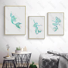 Pintura de tela de sereia para casa, decoração, verde, bonita, parede, pôsteres nórdicos, e imagens impressas para sala de estar, quarto 2024 - compre barato