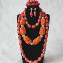 Dudo conjunto de joias grandes africanas, com bolas de miçangas + grânulos de coral originais, conjunto de colar nigeriano com 3 camadas para mulheres, conjunto dubai 2024 - compre barato