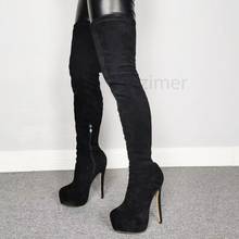 BERZIMER/женские сапоги до бедра на высокой платформе черные замшевые сапоги выше колена на каблуке Женская обувь черного цвета Большие размеры 39, 47, 52 2024 - купить недорого