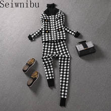2020 New Fashion Houndstooth Plaid Knitted Two Pieces Set Women Knit Cardigan Zipper Jacket Coat+Pocket Harem Pant Suit Outfits 2024 - buy cheap