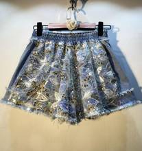 Shorts feminino de denim com paetês, cintura alta, pernas largas, moda urbana, verão 2020 2024 - compre barato