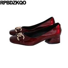 Pumps Ladies Slip On Square Toe Medium Heels Thick Italian 2021 Patent Leather Shoes Size 4 34 Genuine Wine Red Chunky Block 2024 - buy cheap