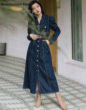 Vestido feminino vintage com gola entalhada, vestido jeans de manga comprida com cinto, elegante, breasted, vestido para outono e inverno 2024 - compre barato