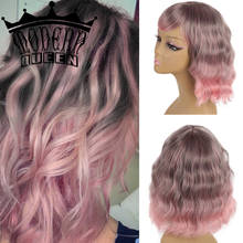 Peluca de cabello sintético con flequillo para mujer, cabellera moderna ondulada, color rosa, gris y púrpura, resistente al calor, para Cosplay 2024 - compra barato