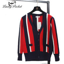2020 Women Spring Autumn Fashion Loose V-Neck Sweater Cardigans Female Black Red Casusl Striped Long Sleeve Knitted Top QL187 2024 - buy cheap