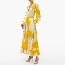 Women Vintage Yellow Floral Printed Chiffon Dress 2020 Autumn Elegant V-neck Long Sleeve Ruffles Pleated Long Dress Female 2024 - buy cheap
