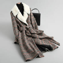 Abrigo de lana de Tweed para mujer, Chaqueta larga con cinturón, con cuello de piel de cordero Real, a cuadros, para invierno, 18014YQ1818, 2020 2024 - compra barato