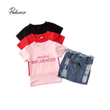 2 pçs crianças conjunto de roupa da menina do bebê carta imprimir manga curta camiseta + rasgado denim botão saia conjunto 1-6t 2024 - compre barato