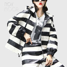 Novmoop genuine leather women hooded jacket wide stripe printed sheepskin hip hop casual style color block Veste de cuir LT3451 2024 - buy cheap