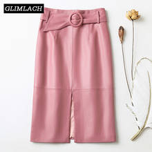 2020 Women Genuine Leather Wrap Skirt With Belt Sexy High Waist Front Slit Office Lady Real Leather Midi Long Pink Skirt Female 2024 - buy cheap