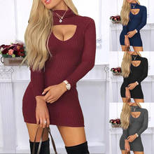 New Bodycon Dress Hollow Out Short Mini Night Club Party Dresses Turtleneck Shesth Logn Sleeve Sexy Slim Fit Vestidos Dress 2020 2024 - buy cheap