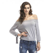 LIBERJOG женская футболка, сексуальный пуловер с открытыми плечами, стрейчевый вязаный женский топ с вырезом лодочкой, весна-осень, серый, розовый цвет 2024 - купить недорого