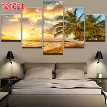 Fatcat faça você mesmo pintura de diamante 5 painéis palmeira mar pôr-do-sol paisagem decorativa quadrado completo bordado de diamante redondo venda ae765 2024 - compre barato