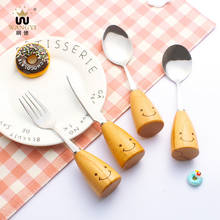 Korean cute cutlery set with wooden handle and smiley face stainless steel cutlery with wooden handle for children 2024 - buy cheap