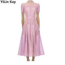 2020 Новое высококачественное розовое дизайнерское подиумное платье для автопортрета кружевные вечерние платья до середины икры с коротким рукавом 2024 - купить недорого