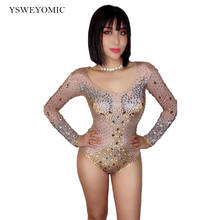 Sparkly Silver Gold Rhinestones Long Sleeve Skinny Bodysuit Bar Singer Dancer Leotard Stage Costume Nightclub Celebrate Outfit 2024 - buy cheap