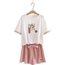 Two Piece Set Women Cartoon Print Short Sleeve T Shirts And Hight Waist Embroidery Mini Shorts With Sashes 2021 Sweet Woman Sets 2024 - buy cheap