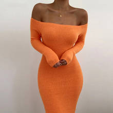 Ribbed Off Shoulder Long Dress Women Autumn Full Sleeve Slash Neck Sexy Bodycon Dress Solid Backless Ladies Party Vestido 2024 - buy cheap