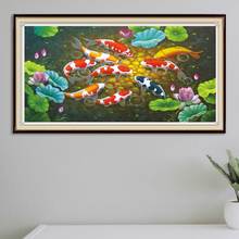 Pintura de diamantes artesanal, paisaje de loto, cuadrado, redondo, completo, mosaico de diamantes, imagen de peces, decoración del hogar de diamantes de imitación 2024 - compra barato