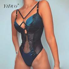 YiDuo Lace Bodysuit Women Bodycon Rompers Sexy See Through Body Femme Mesh Underwire Bodysuits Blue Club Party Wear 2024 - buy cheap