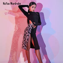 Vestido de baile Latino de manga larga para mujer, traje de baile Latino con retales de leopardo, L9687, novedad de 2020 2024 - compra barato