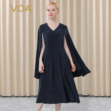 VOA Heavyweight Silk 30m/m Navy Blue Peach Collar Ruffled Sleeve Pleated Loose Waist Woman Dress AE386  Dresses for Women Party 2024 - buy cheap