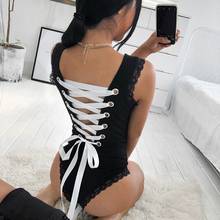 Black Lace Patchwork Tank Bodysuit Women Sexy Sleeveless Body Mujer  Backless Bodycon Criss Cross Bandage Bodysuits 2024 - buy cheap