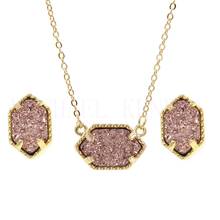 Oval Resin Druzy Drusy Necklace Stud Earrings Jewelry Set Hexagon Gold Colour Chain Fashion Collar Brand for Women Wedding Party 2024 - buy cheap