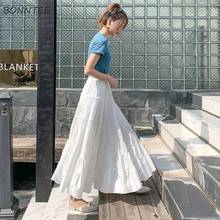 Solid Midi Skirts Women Elastic High Waist Ankle Length Simple Summer Students A-line Fairy Leisure Elegant Lady Ulzzang Femme 2024 - buy cheap