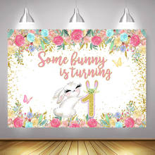 Bunny is Turning One Theme Party Backdrop Newborn Rabbit 1st Birthday Banner Background Gold Dots Colorful Flowers Butterfly 2024 - buy cheap