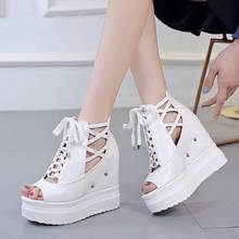 XJRHXJR 12 cm de Altura Mulher Aumentando Sandálias 2019 Verão Mulheres Concise Moda Sapatos de Plataforma Mulher Cunhas Fundo Grosso Sandálias 2024 - compre barato