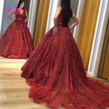 Stunning V-Neck Ball Gown Prom Dresses 2020 Sequined Sparkle Bling Sleeveless Court Train Evening Gown Women Elegant Party Dress 2024 - buy cheap