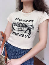 Tops cortos Vintage con estampado de letras de Cowboys para mujer, Tops informales de manga corta Sexy, ropa de calle Y2k, camisetas para niñas 2021 2024 - compra barato