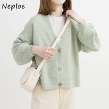 Neploe suéter solto gola v feminino, casaco de malha para outono e inverno 2021, cor sólida, tipo cardigã para mulheres 2024 - compre barato