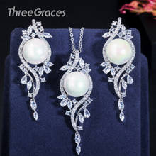 ThreeGraces Elegant White Pearl and Leaf CZ Zircon Long Dangle Earrings Necklace Pendant Engagement Jewelry Set for Women JS122 2024 - buy cheap