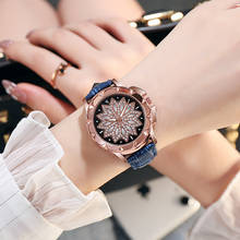 Relógio feminino visor céu estrelado, relógio de pulso pulseira de couro quartz ouro rosa 2024 - compre barato