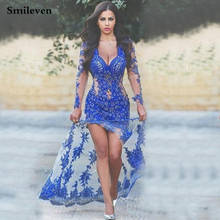 Vestido formal de sereia azul royal, vestido com renda de manga comprida, fenda lateral para festa à noite, sexy, transparente, vestido de baile 2024 - compre barato