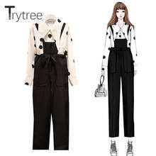 Trytree-Conjunto de dos piezas para mujeres, blusa informal con cuello vuelto, Top de encaje y pantalones, conjunto de 2 piezas con bolsillos sólidos, primavera y otoño 2024 - compra barato