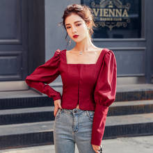 LLZACOOSH Square Collar Short Women's Shirt 2021 Spring New Chic Design Sweet Puff Sleeve Solid Retro Blouse 2024 - buy cheap