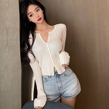 Knitted Cardigan Women Summer Solid V-Neck Long Sleeve Sun-protective Button Up Thin Knitted Cardigan Slim Tops. 2024 - buy cheap