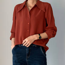 Blusa de chifón gruesa para mujer, camisa de oficina de manga larga con cuello en pico, color rojo ladrillo, alta calidad, primavera y otoño 2024 - compra barato