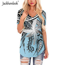 Jackherelook blusa de manga curta, feminina, azul, hibisco, design rústico polinésia, casual, gola em v, camisas para adolescentes 2024 - compre barato