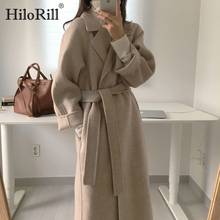 HiloRill Women Elegant Long Wool Coat With Belt Solid Color Long Sleeve Chic Outerwear Ladies Overcoat Autumn Winter 2021 2024 - buy cheap