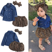 Conjunto de 3 peças roupas infantis fofas para meninas verão, blusas jeans + saia de leopardo 2024 - compre barato