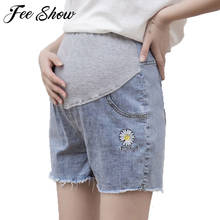 Летняя хлопковая Футболка с бандажом для будущих мам, короткие штаны для беременных женщин с высокой талией джинсовые шорты джинс для беременных шорты регулируемые живота одежда 2024 - купить недорого