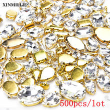 Cristal 500 unids/lote, tamaño mixto para coser diamantes de imitación, parte posterior plana con ajuste de garra dorada de Metal, tela artesanal, botón de cristal para vestido de novia 2024 - compra barato