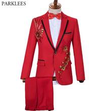 Red Sequin Embroidery Floral Suit with Pants Men Wedding Groom Tuxedo Suits Men Once Button Peak Lapel Costume Homme Mariage 2XL 2024 - buy cheap