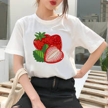 Camiseta estampada Harajuku para mujer, remera de manga corta con estampado divertido de manzana y fresa, playera blanca informal de moda 2024 - compra barato